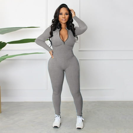 Aayomet Dressy Jumpsuits For Women Women s Zipper V Neck Long Sleeve Jumpsuit Rompers Bodysuit Catsuit Sport Jumpsuit A L