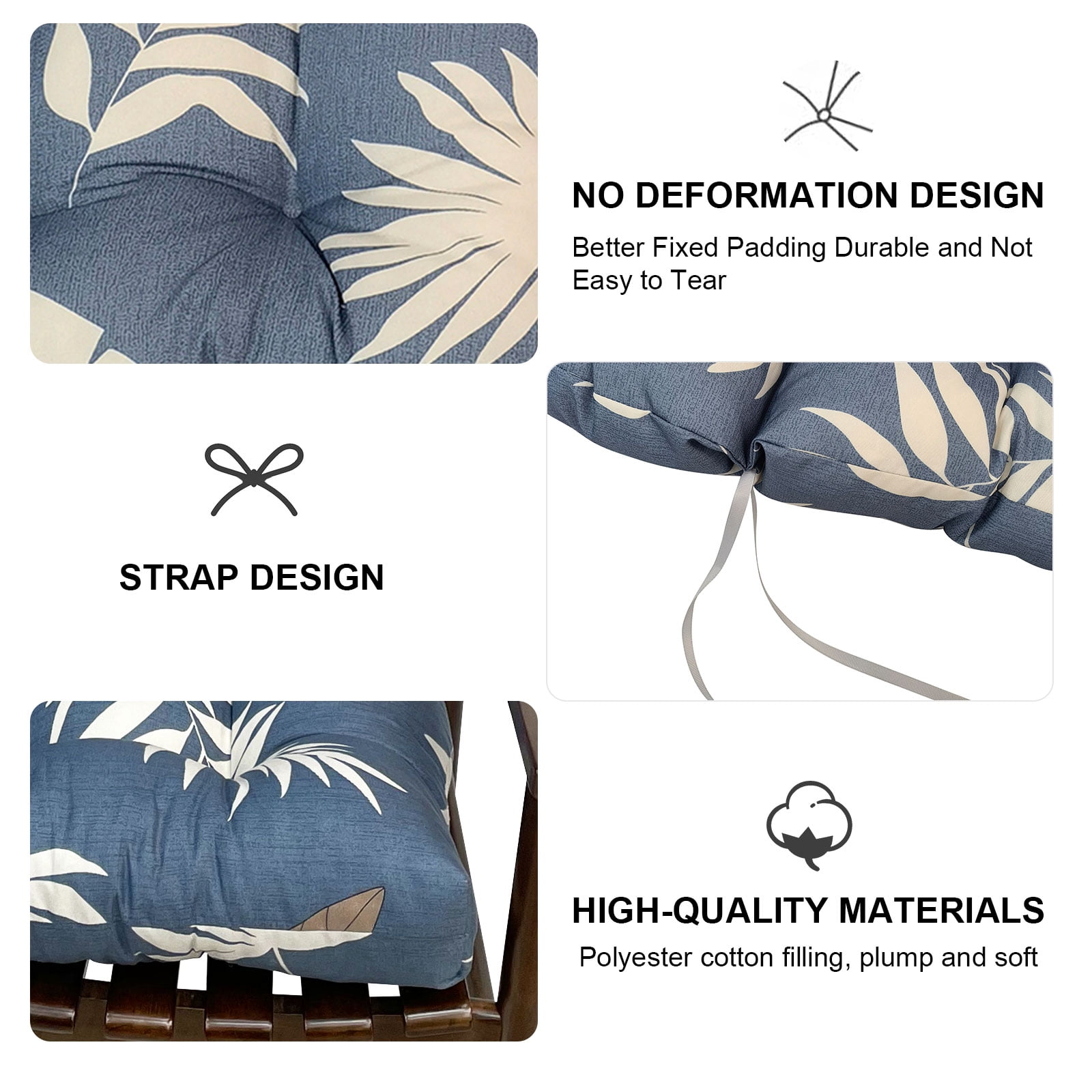 TOPCHANCES Indoor/Outdoor Rocking Chair Cushions Set, 2 Piece Tufted Comfortable Cushions for Rocking Chairs with Non-Slip Ties, Blue & Leaves