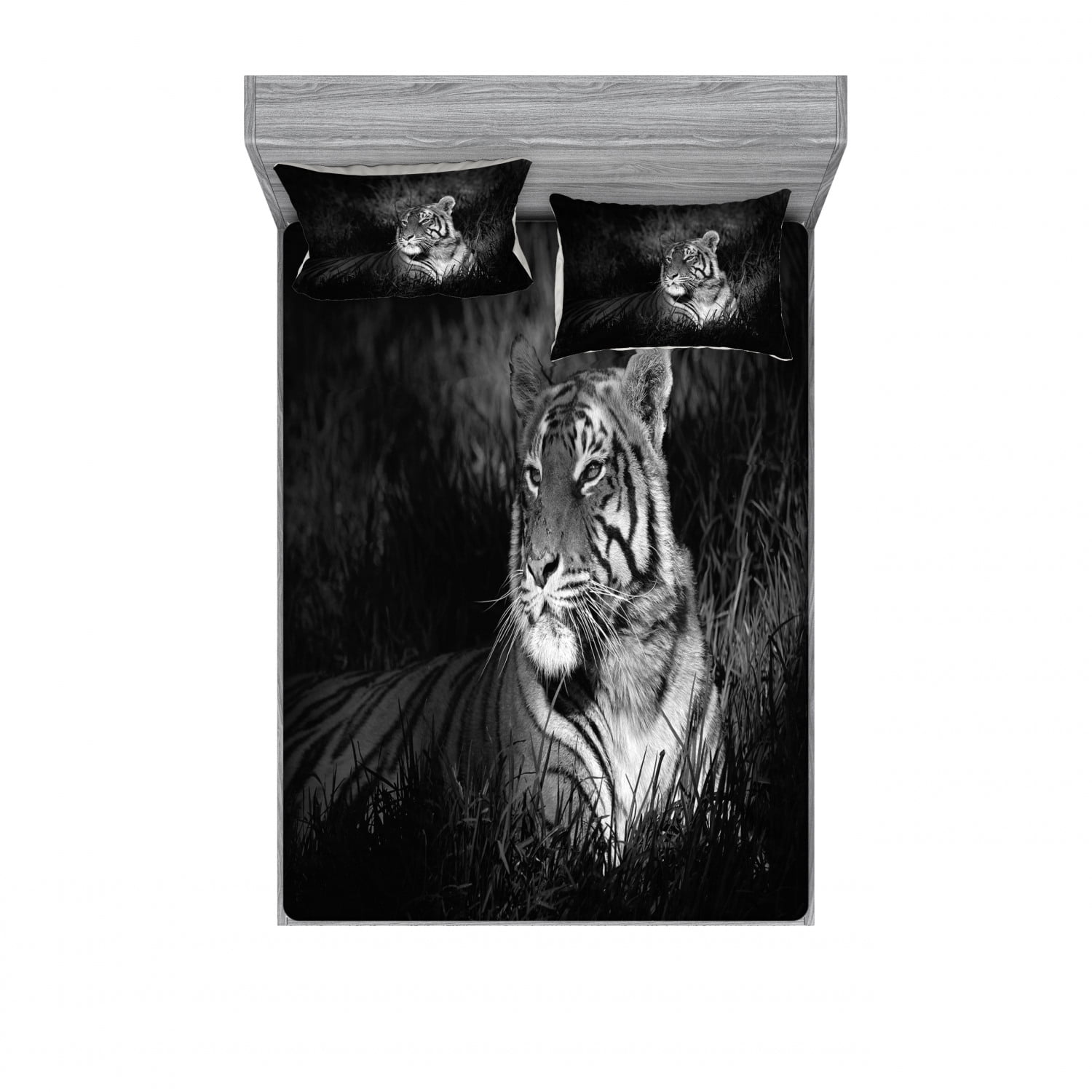 Black and White Bedding Set with Sheet & Covers, Bengal Tiger Lying in