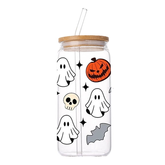 QLUEWX Halloween Printed Glass Can Cup 500ml, Iced Coffee Glass Tumbler with Bamboo Lid & Glass Straw, Spooky Pattern Drinking Cup for Beverages