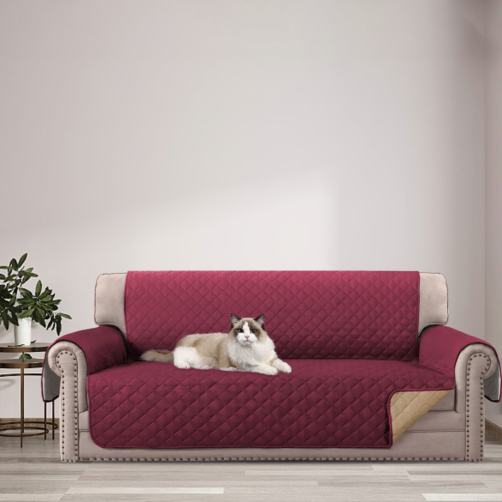 Quilted 3 Seater Sofa Cover Slipcover, Furniture Protector for Couch, Polyester Home Decor (Burgundy)