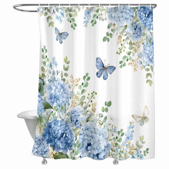 Blue Floral Shower Curtain, Summer Country Blue Hydrangea Floral Butterfly Lightweight Waterproof Fabric Shower Curtain with Rustproof Grommets for Bathroom Bathtub 72x72in