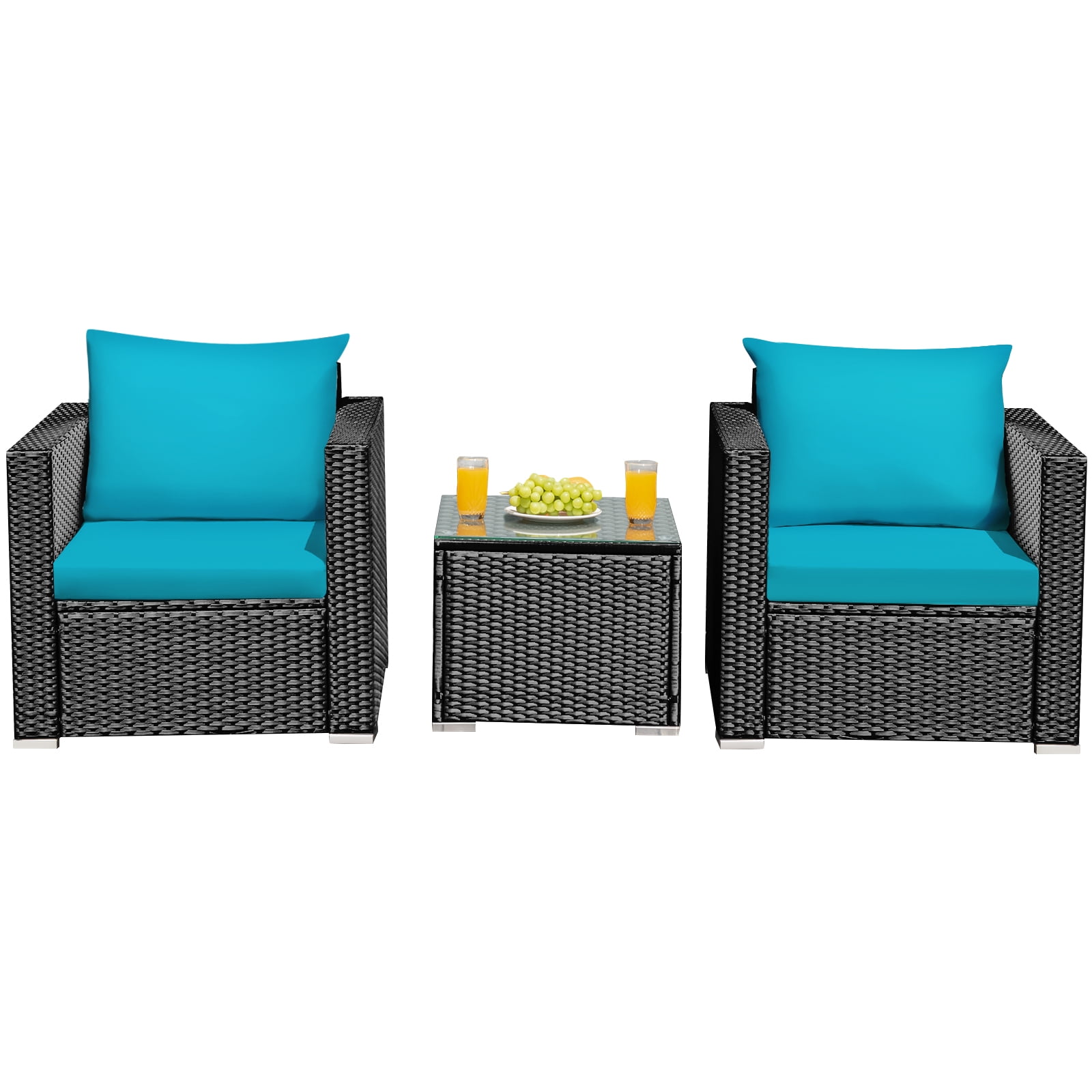 Patiojoy 3PCS Patio Rattan Furniture Conversation Set with 2 Cushioned Sofas & Coffee Table for Outdoor Turquoise