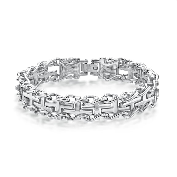 Stainless Steel Alternating Crosses Link Bracelet - 8.5 Inch Length