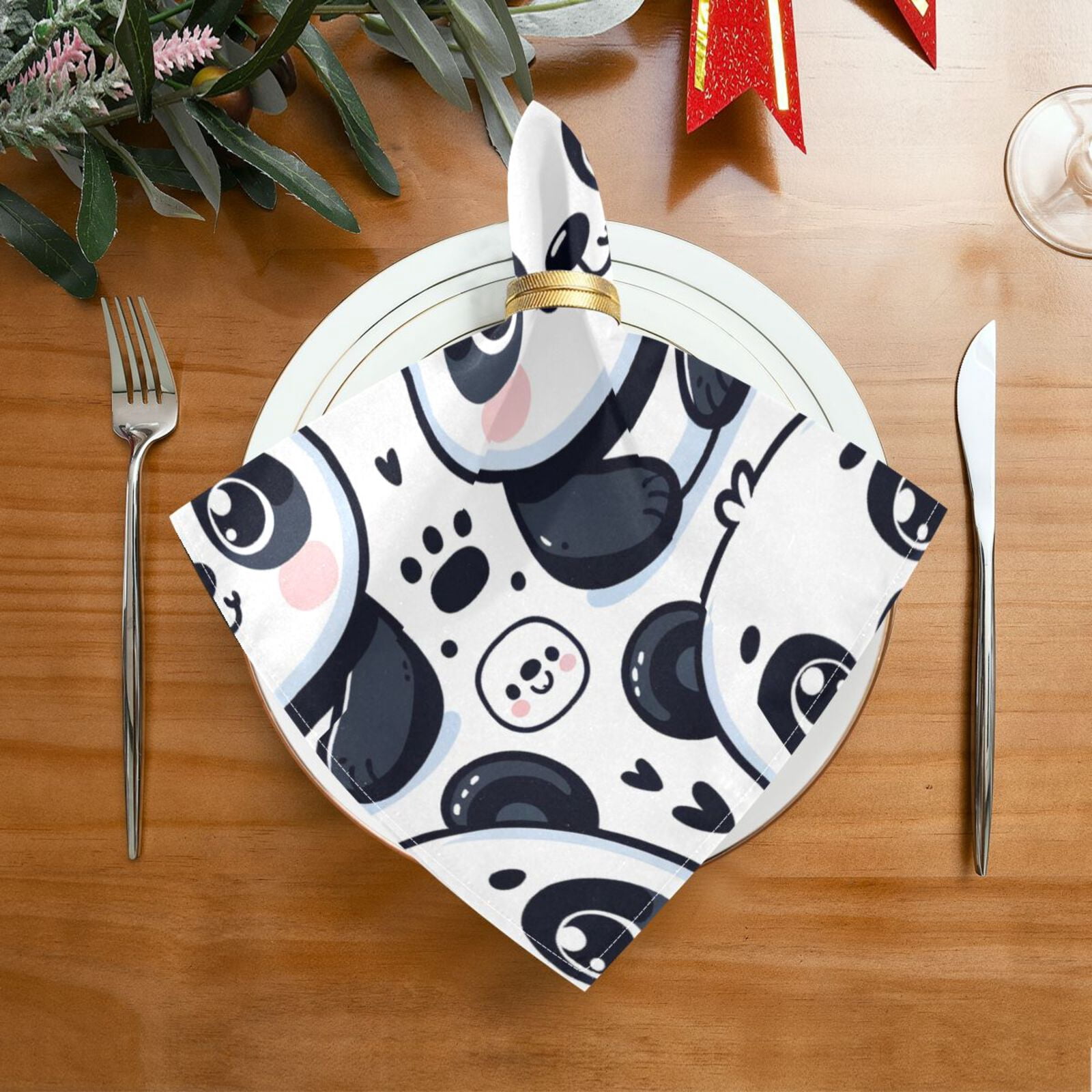 JSTEL Cute Cartoon Panda Cloth Napkins Set of 6, 20x20 Inch Washable and Reusable Napkin for Decoupage Dinner Party Everyday Use