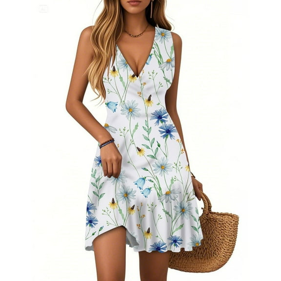 WTOBBY Women's Everyday Summer Dress Sleeveless V-Neck Floral Print Pleated Hem Casual Dress with Split Design for Outdoor Events and Date Nights,BeigeL