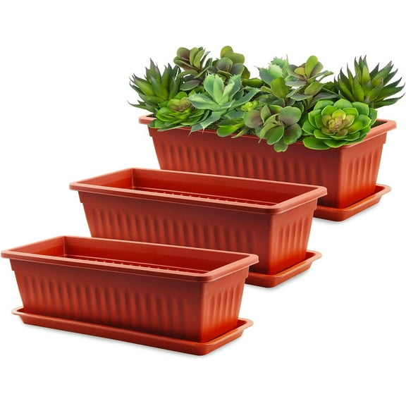 3 Pack Window Box Planters, Happon 17 Inches Plastic Rectangular Window Planters Flower Box Planter Plant Containers with Tray for Home Balcony, Windowsill, Garden