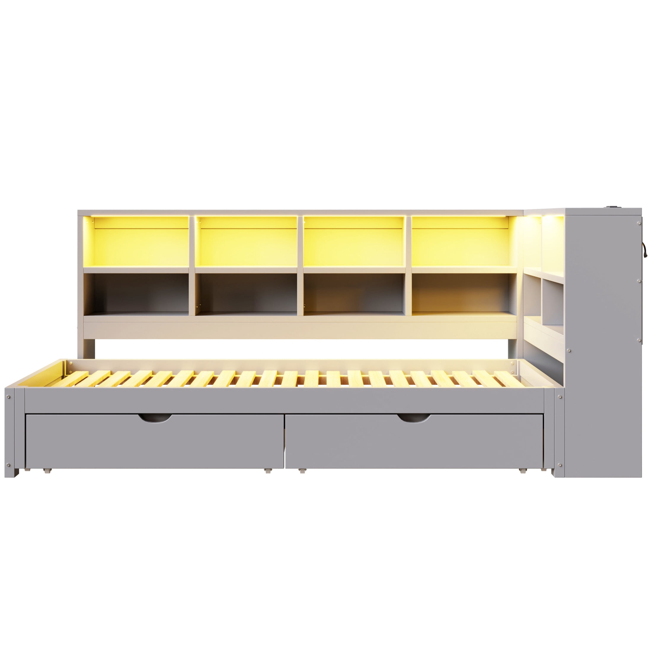 Noble House Corvella Twin XL to King Expandable Daybed with Storage Drawers, Open Shelves, LED and USB, Gray