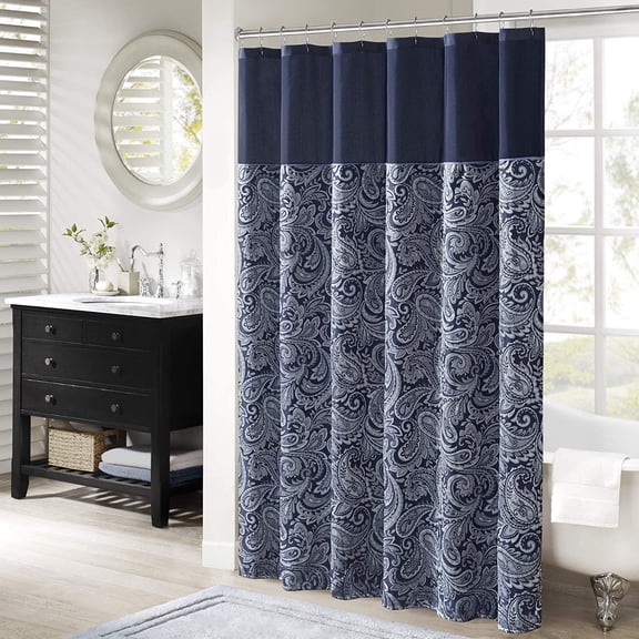 Madison Park Aubrey Shower Curtain Paisley Jacquard Pieced Microfiber Faux Silk Modern Home Bathroom Decorations Bathtub Privacy Screen, Decorative Bathroom, 72" x 72", Navy