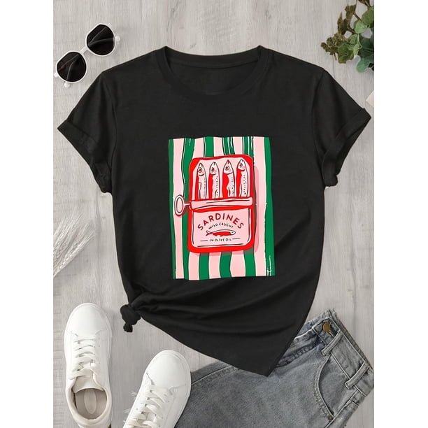 100% Cotton Women's Casual T-Shirt with Sardine Print - Short Sleeve, Machine Washable, White Stripes and Sandwich Design, Perfect for Spring/Summer