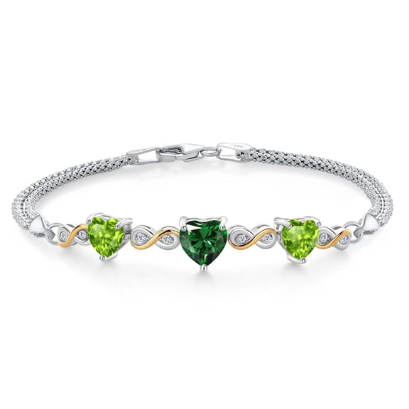 925 Silver and 10K Yellow Gold Green Nano Emerald and Green Peridot and White Lab Grown Diamond Bracelet for Women (2.61 Cttw, May Birthstone, Heart 7MM and 6MM, 6.5/7/7.5 inch, Made in Italy)