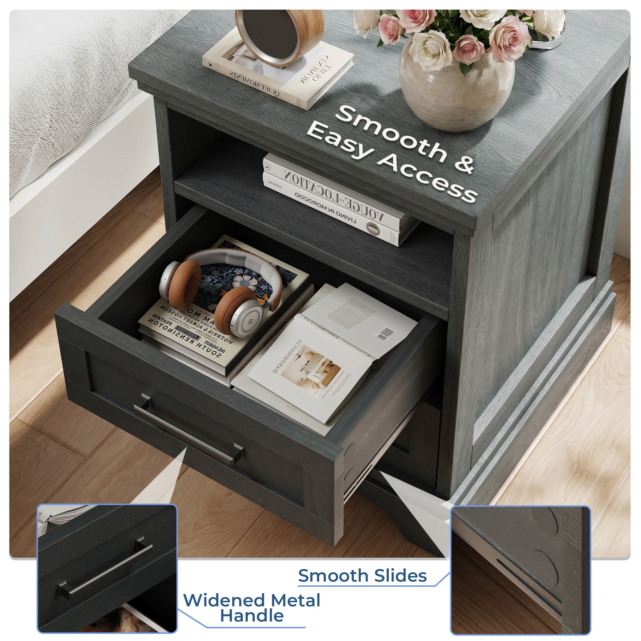EDX 2 Drawers 24" Wood Nightstand with Drawers and Charging Station, Bedside Table for Bedroom or Living Room, Black