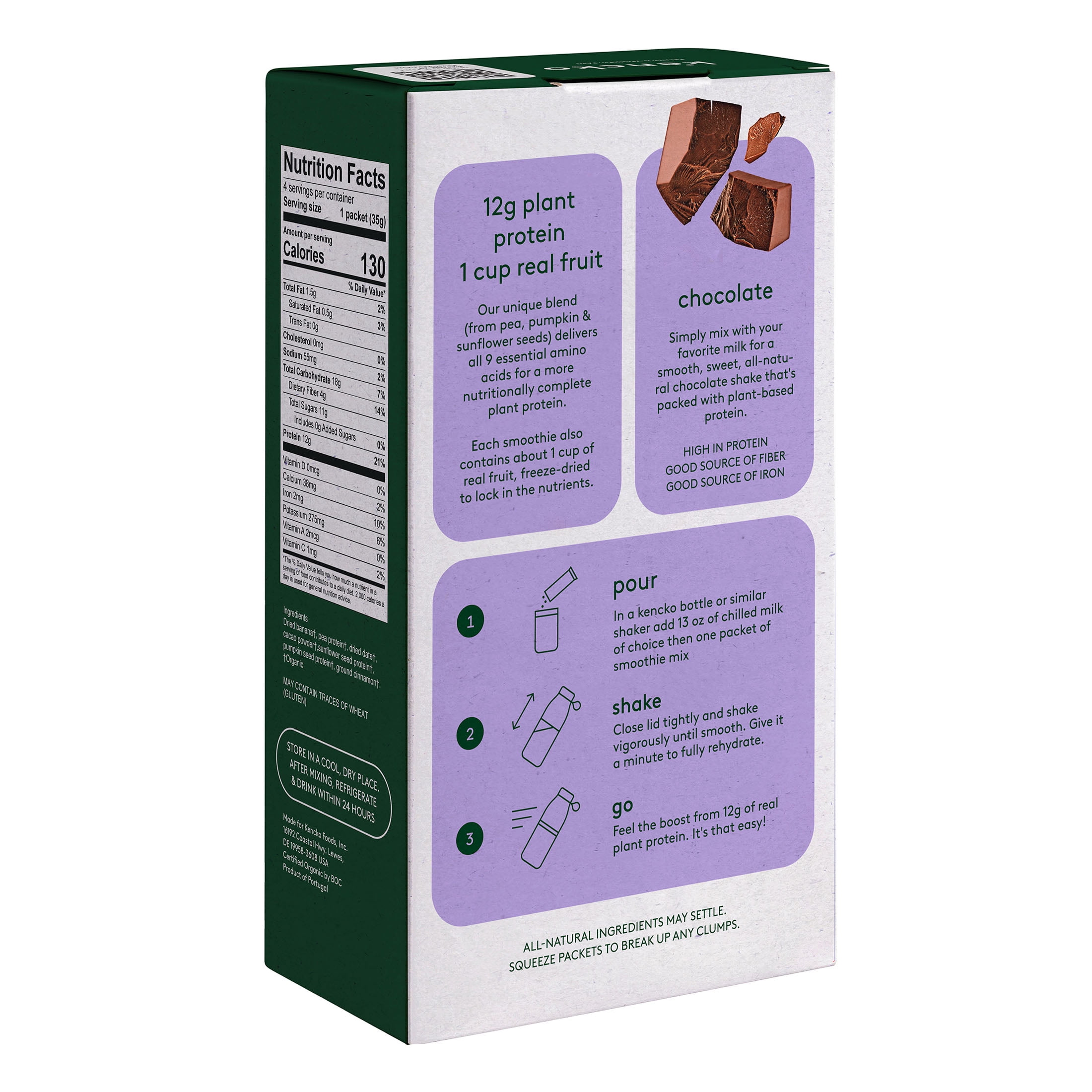 (4 pack) Kencko Chocolate Organic Instant Fruit & Veggie Protein Smoothies, Powdered Drink Mix, 1.23 oz, 4 Pack