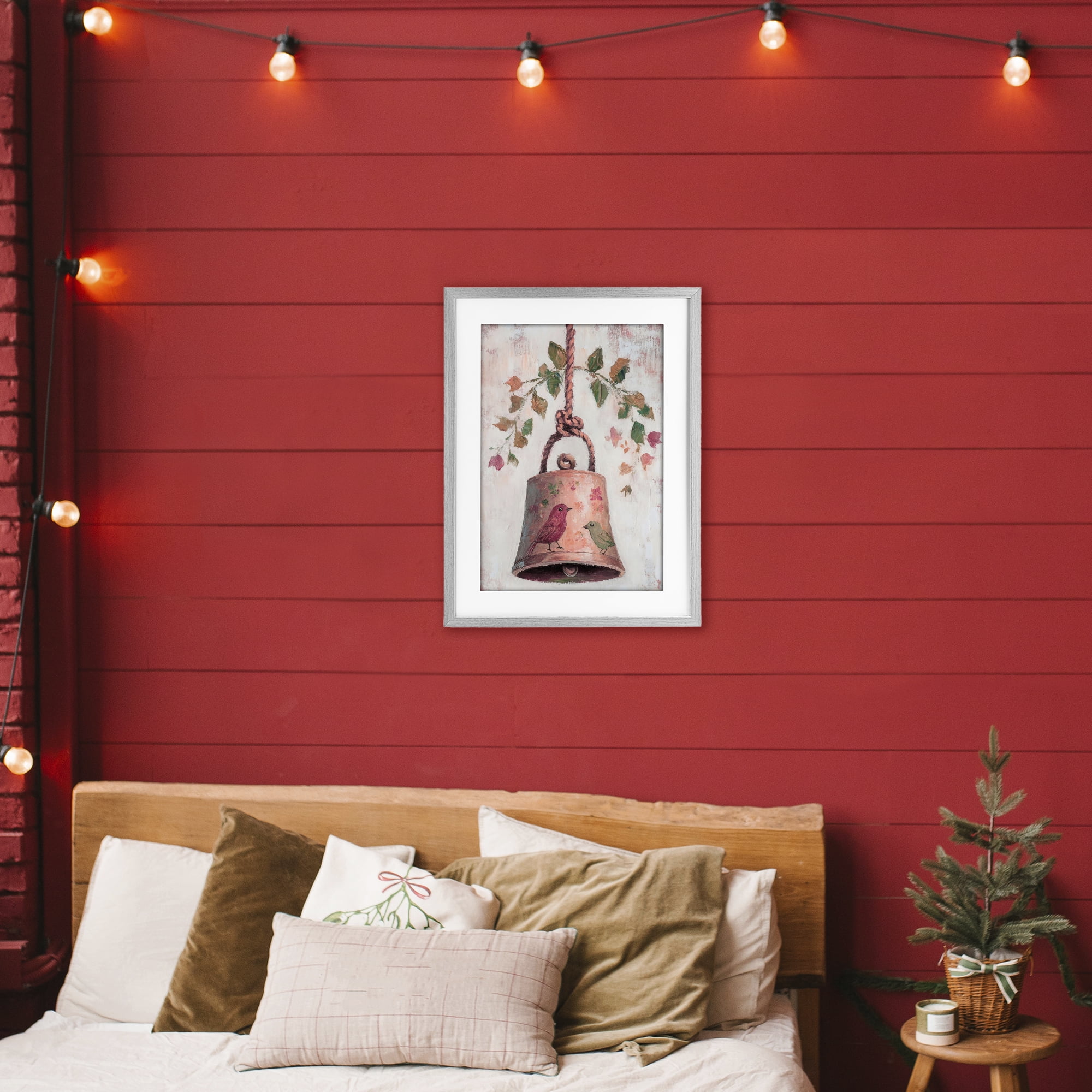 Vintage Christmas Bell Gray Framed Print Under Glass, design by Petal Prints Design