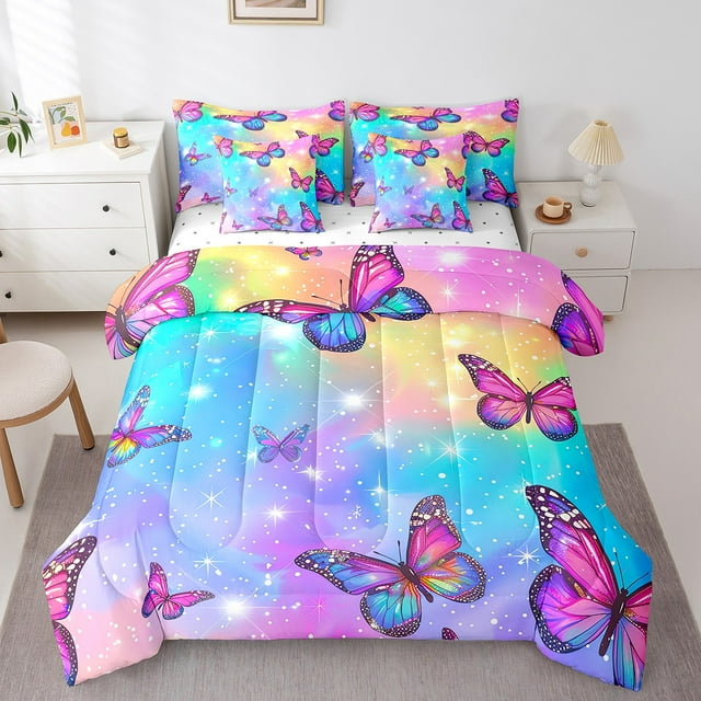 Butterfly Full Comforter Set - 7 Pieces Bed in a Bag Gradient Rainbow Full Bedding Comforter Sets,Glitter Galaxy Stars Rustic Animal Comforter with Fitted Sheets,Flat Sheets,Pillowcases & Shams