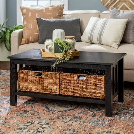 40 Wood Storage Coffee Table In Black With Baskets Canada 40 Wood Storage Coffee Table In Black, Black Coffee Table With Wicker Baskets