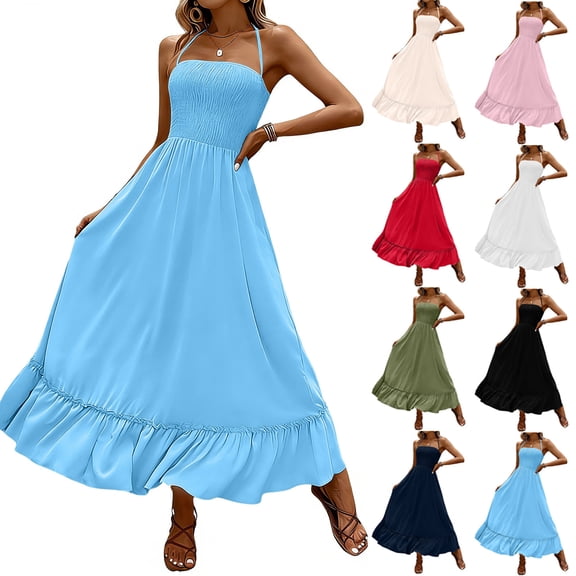 XUNKUSGA Maxi Dresses for Women Casual Boho Sleeveless Smocked Tiered Beach Dress Fashion Summer Soild Color Halter Backless Long Sun Dresses Women,Green,S