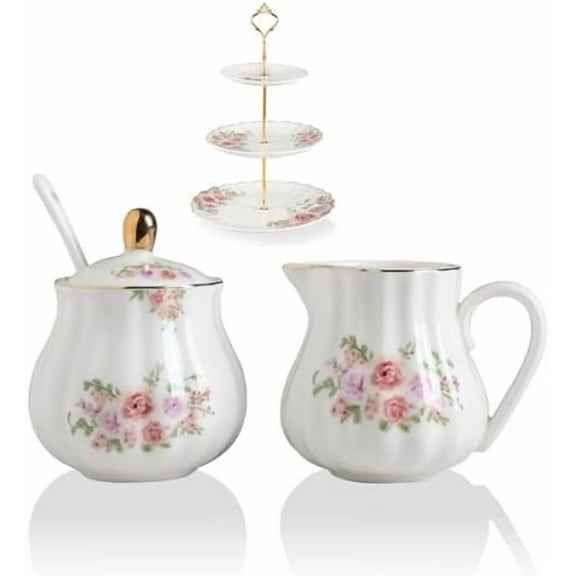 Royal Ceramic Sugar and Creamer Set Cream Pitcher, Sugar Bowl, Sugar Set with Lid & Spoon & Cake Stand, Coffee Serving Set Wedding Gift (Sugar and Creamer Set, Rose Flower)