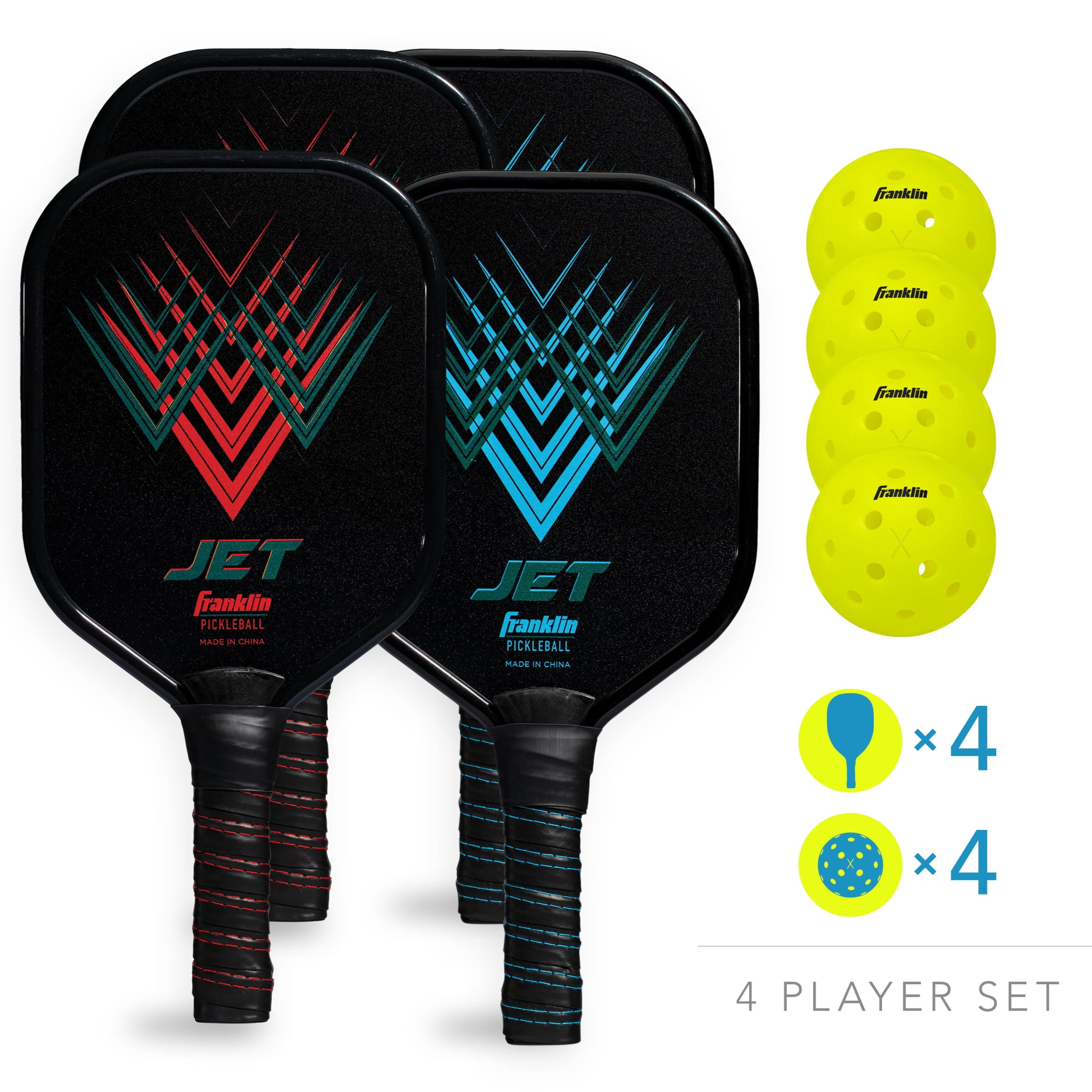 Franklin Sports Jet Pickleball Paddle Set, 4 Paddles, 4 x-40 Balls, Blue, Red