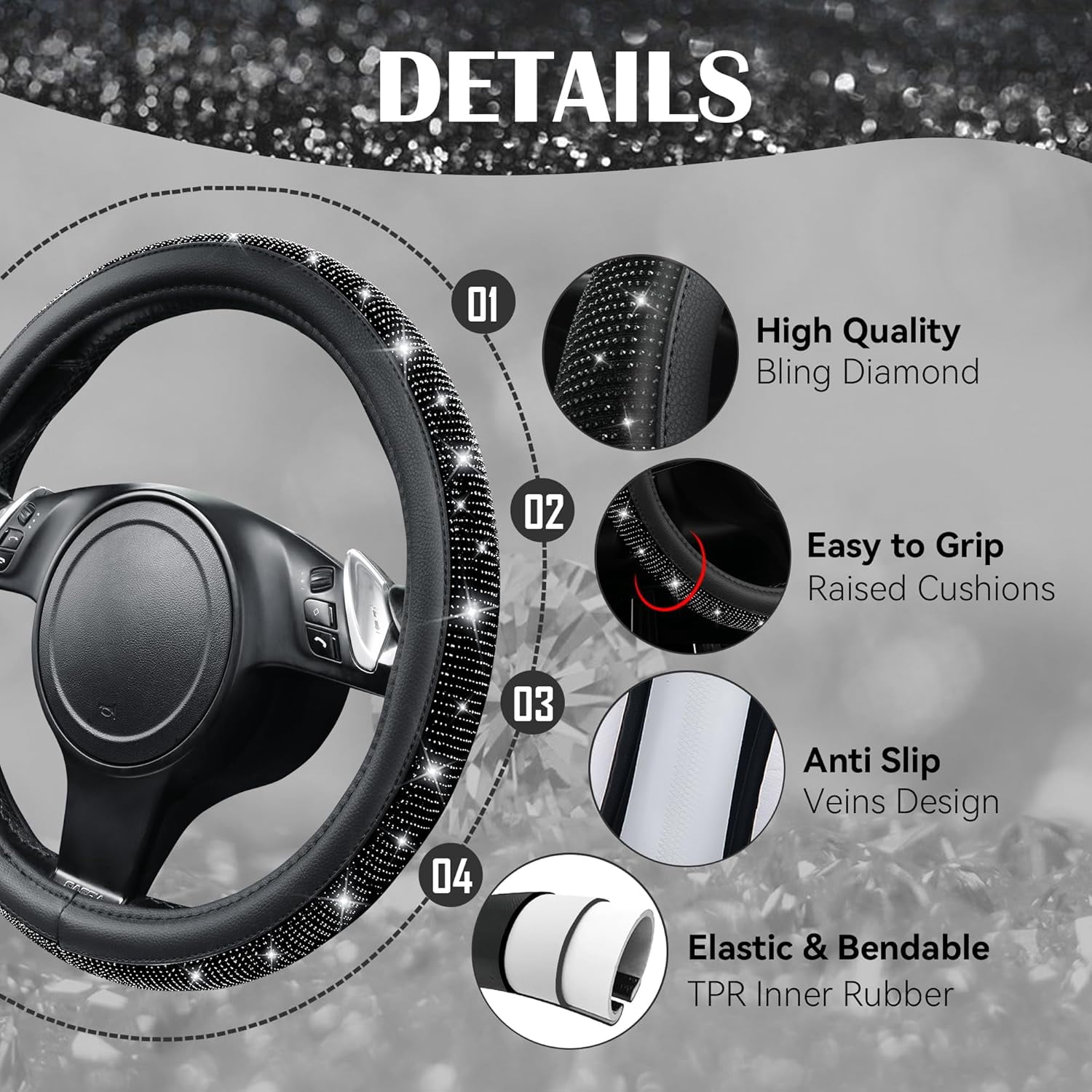 CAR PASS 11 PCS Bling Diamond Car Accessories for Women, Sparkly Rhinestone Steering Wheel Cover, Bling Seat Belt Cushion, Glitter Shift Knob Cover, Car Cup Holder Coaster, Cute Interior Sets Black