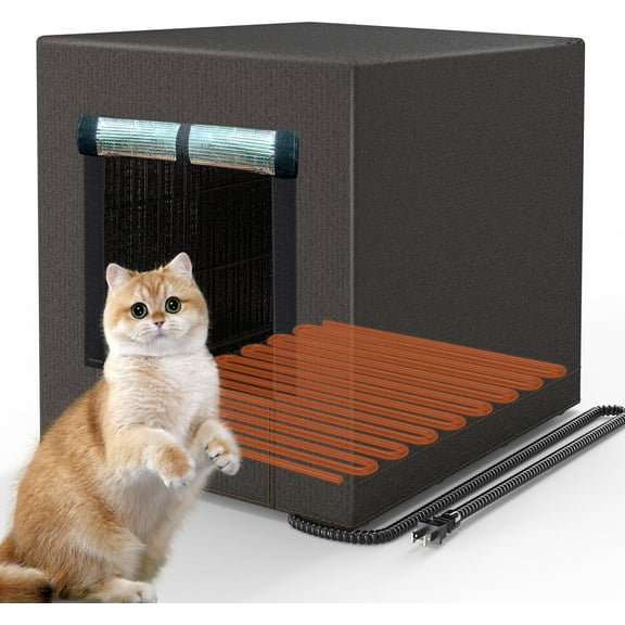 Heated Cat House for Outside, Insulated Outdoor Cat House Weatherproof Winter Large Feral Cat Shelter for Stray Cats, Brown