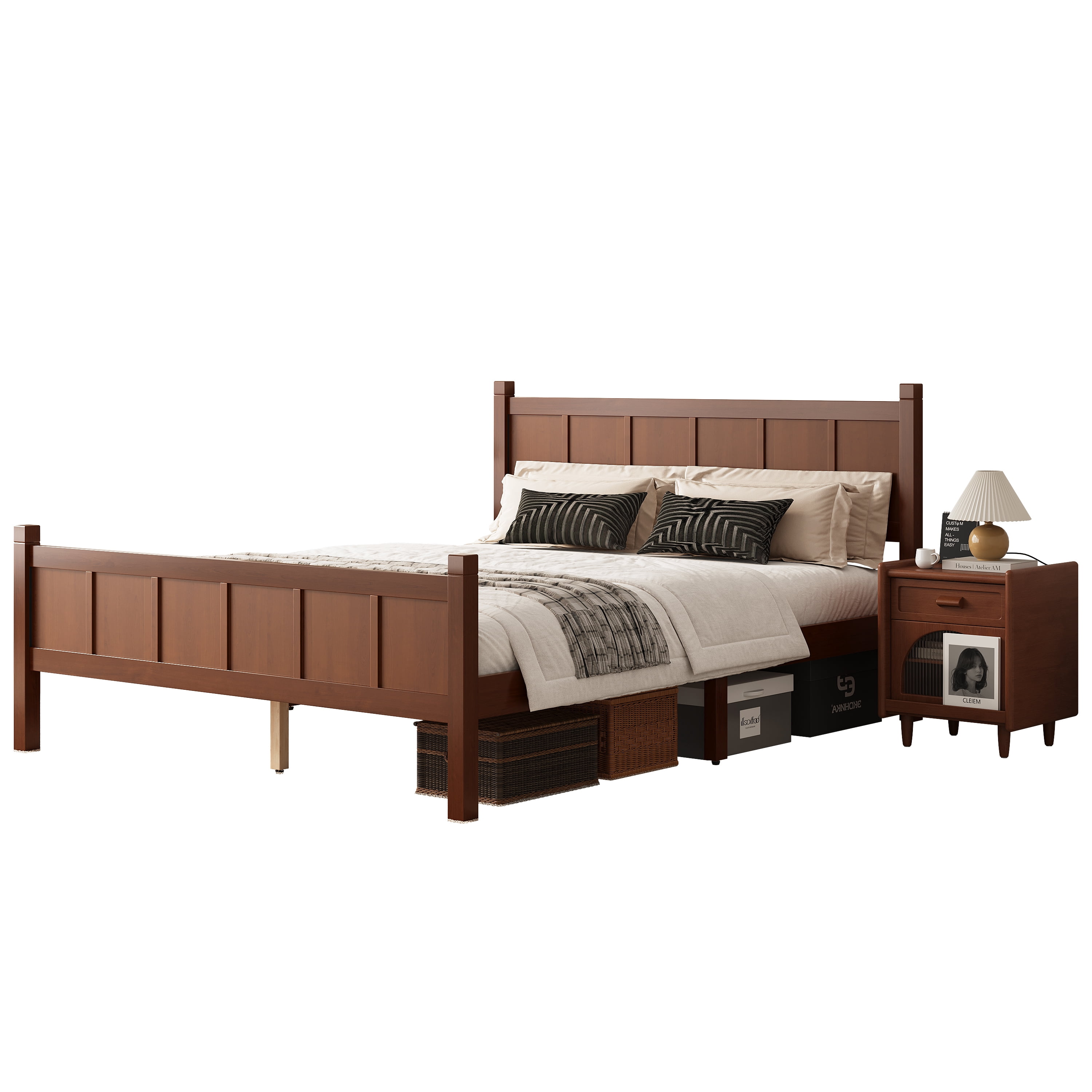 Euroco Wood Queen Size Platform Bed with Headboard and Footboard, Dark Walnut