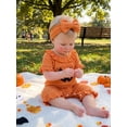 thumbnail image 4 of BemeyourBBs Newborn Baby Girls Halloween Outfits Baby Girl Summer Fall Clothes Infant Waffled Pumpkin Romper Cute Grimace Print Ruffled Short Sleeve Jumpsuit Shorts and Headband Set, 4 of 9