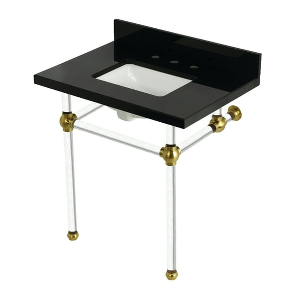 Kingston Brass KVPK3030KASQ7 Templeton 30" Black Granite Console Sink with Acrylic Legs (8-Inch, 3-Hole), Black Granite/Brushed Brass