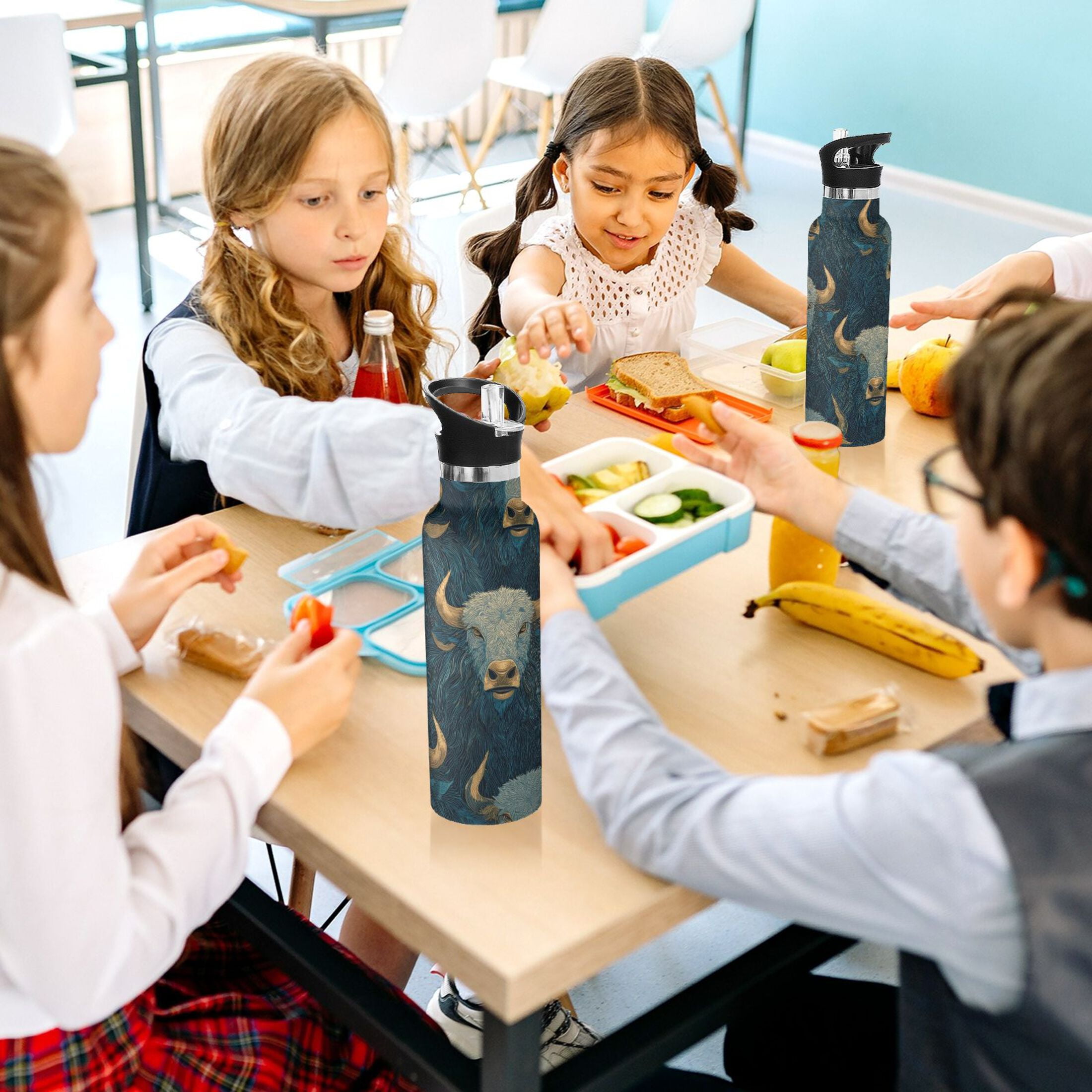 600ML Stainless Steel Insulated Cup Sports Water Bottle Portable Thermos Cup Water Glasses Insulated Tumblers Convenient and Durable Blue Bull Seamless
