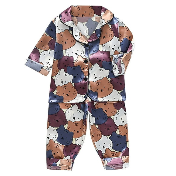 Ketyyh-chn99 Little Kid Girls' Pajama Sets Toddler Kids Baby Boys Girls Satin Cartoon Button Down Shirt Tops + Long Pants Silk Pajamas Sleepwear Outfits Loungewear Set Size for 6-12 Months,Coffee