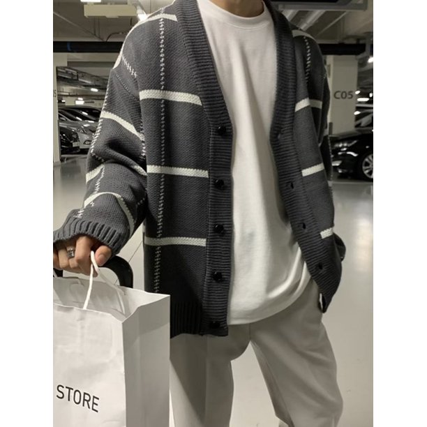 Cárdigan de moda de primavera y otoño de estilo americano para hombre, suéter de rayas a cuadros británicos de estilo coreano, suéter de cuello en V para hombre
