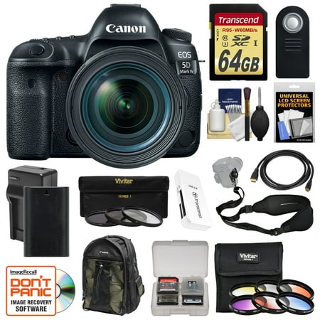 Canon EOS 5D Mark IV 4K Wi-Fi Digital SLR Camera & EF 24-70mm f/4L IS USM Lens + 64GB SD Card + Battery & Charger + Backpack + 9 Filters + Strap Kit