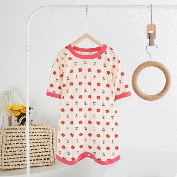 Cethrio Kids Girls Nightgowns, Printed Crew Neck 3/4 Sleeve Cotton Summer Sleepshirts Pink Size 2-3 T