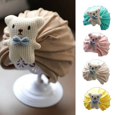 

Waroomhouse Infant Hat Comfortable Delicate Edging Cotton Cartoon Bear Elastic Baby Beanie for Daily