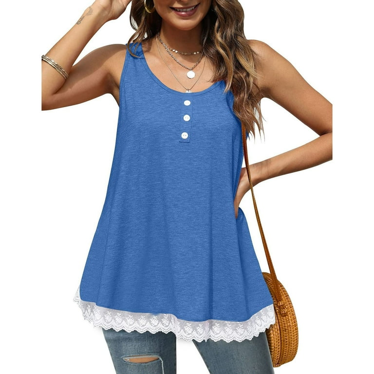 Olyvenn Summer Cozy Clothes Teen Girls Sexy Slim Cami Sleeveless Crewneck  Tees for Women Shirts Women's Fashion Crop Tank Tops Swing Tee Shirts Lace  Patchwork Camis Blue 12 