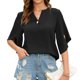 thumbnail image 1 of Top de manga corta dividido para mujer, blusa holgada informal de moda de Color liso con cuello en V y botones para citas, 1 of 6