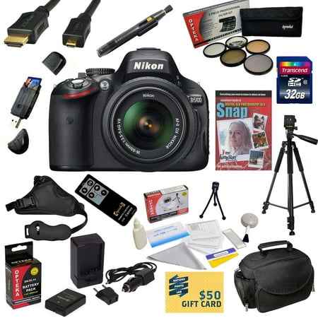 Nikon D5100 Digital SLR Camera with 18-55mm NIKKOR VR Lens 32GB SDHC Card, Reader, Extra Battery, Charger, 5 PC Filter, HDMI Cable, Case, Remote Control, Tripod, Grip Strap, DVD, $50 Gift Card, More