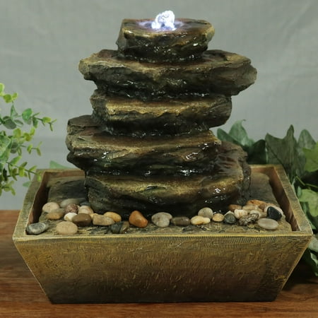 Tabletop Indoor Water Fountain - Sunnydaze Cascading Rocks Tabletop Water Fountain with LED Light, Indoor Small Relaxation Waterfall Feature, 12 Inch