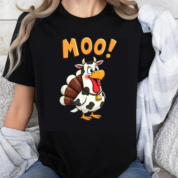 100% Cotton Moo Turkey Thanksgiving Funny Cow Animal Print Women's Casual T-Shirt Humorous Holiday Gift Top