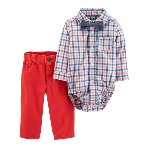 Carters Infant Boys Coral Plaid Flannel Button Up Shirt Bowtie & Jeans  Outfit 9M - Walmart.com