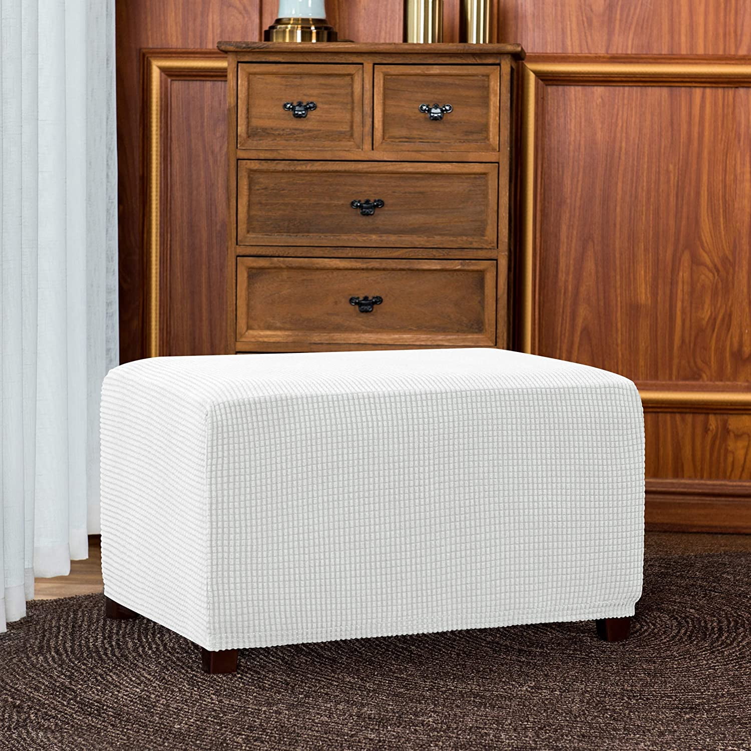 Subrtex Stretch Textured Grid Oversized Ottoman Slipcover, White