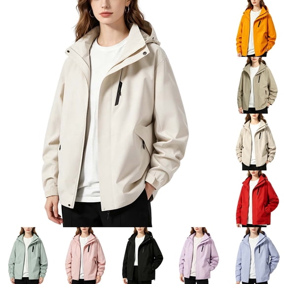 DYTTDG Women's Hooded Windbreaker Jacket, Waterproof Windproof Full Zip Loose Outdoor Coat with Zipper Pockets for Hiking, Travel & Outdoor