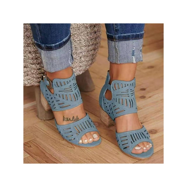LUXUR Sandales Habillées à Talon Bloc Bas pour Femmes, Sandales à Boucle Mode pour Dames, Bleu 11.5
