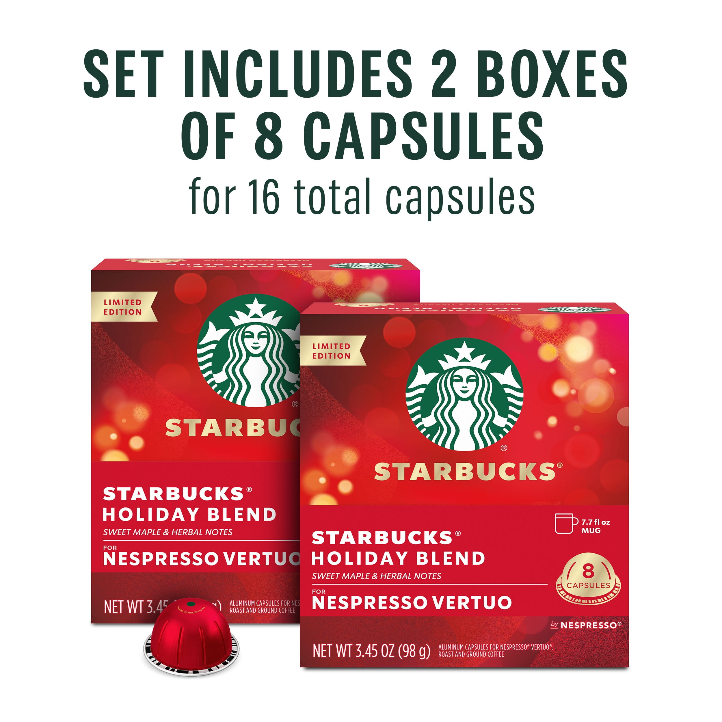 Nespresso Bundle, Vertuo Pop Machine and Starbucks Holiday Blend Capsules, 16 Pods