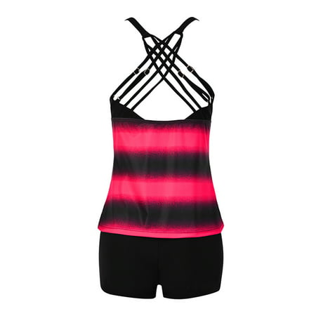 Women Plus Size Tankini Criss Cross Back Striped Swimsuit Swimwear ...