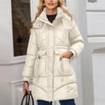 thumbnail image 7 of XPMWRP Women's Quilted Puffer Thickened Hooded Jacket Casual Cinched Waist Zipper Long Coat Solid Color Winter Warm Outerwear with Pockets White XXL, 7 of 7