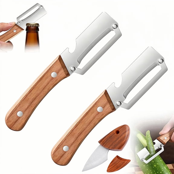 Asunby 2 Pack 2 in 1 Multi Functional Vegetable Peelers with 1 Small Package Bag Cutter, Non-Slip Ergonomic Handle, Stainless Steel Blade Kitchen Tool for Sugar Cane Potato Fruit Pineapple Pumpkin