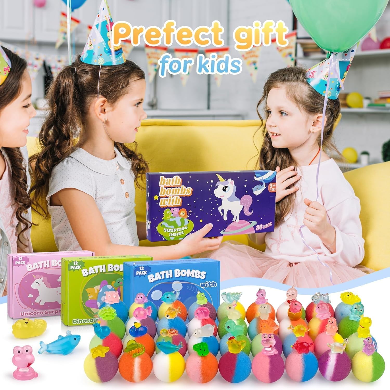 36Pcs Bath Bombs for Kids,  Bubble Bath Bombs with Glow in The Dark Dinosuar, Animal and Ocean Surprise Toy Inside, Organic Gift Set for Birthday-PickMora