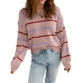 thumbnail image 3 of Womens Striped Ribbed Edge Sweater Long Sleeve Crewneck Drop Shoulder Fall Sweaters Top Pink S, 3 of 6
