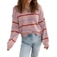 thumbnail image 3 of Suéter de Mujer con Borde Acanalado A Rayas, Larga, Cuello Redondo, Hombros Caídos, Suéteres de Otoño Rosa M, 3 of 6